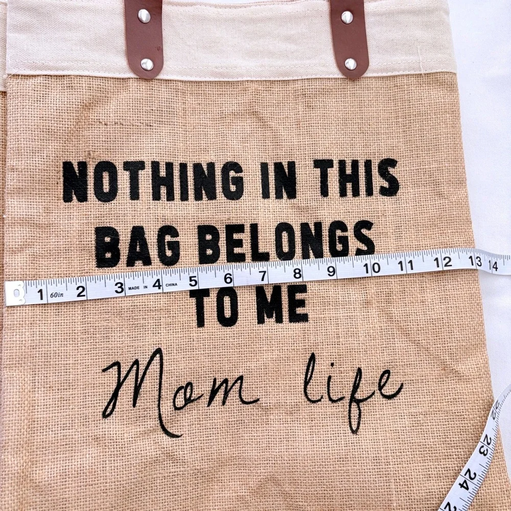 Mom Life Burlap Jute Large Tote Bag Large Tan Faux Leather Straps